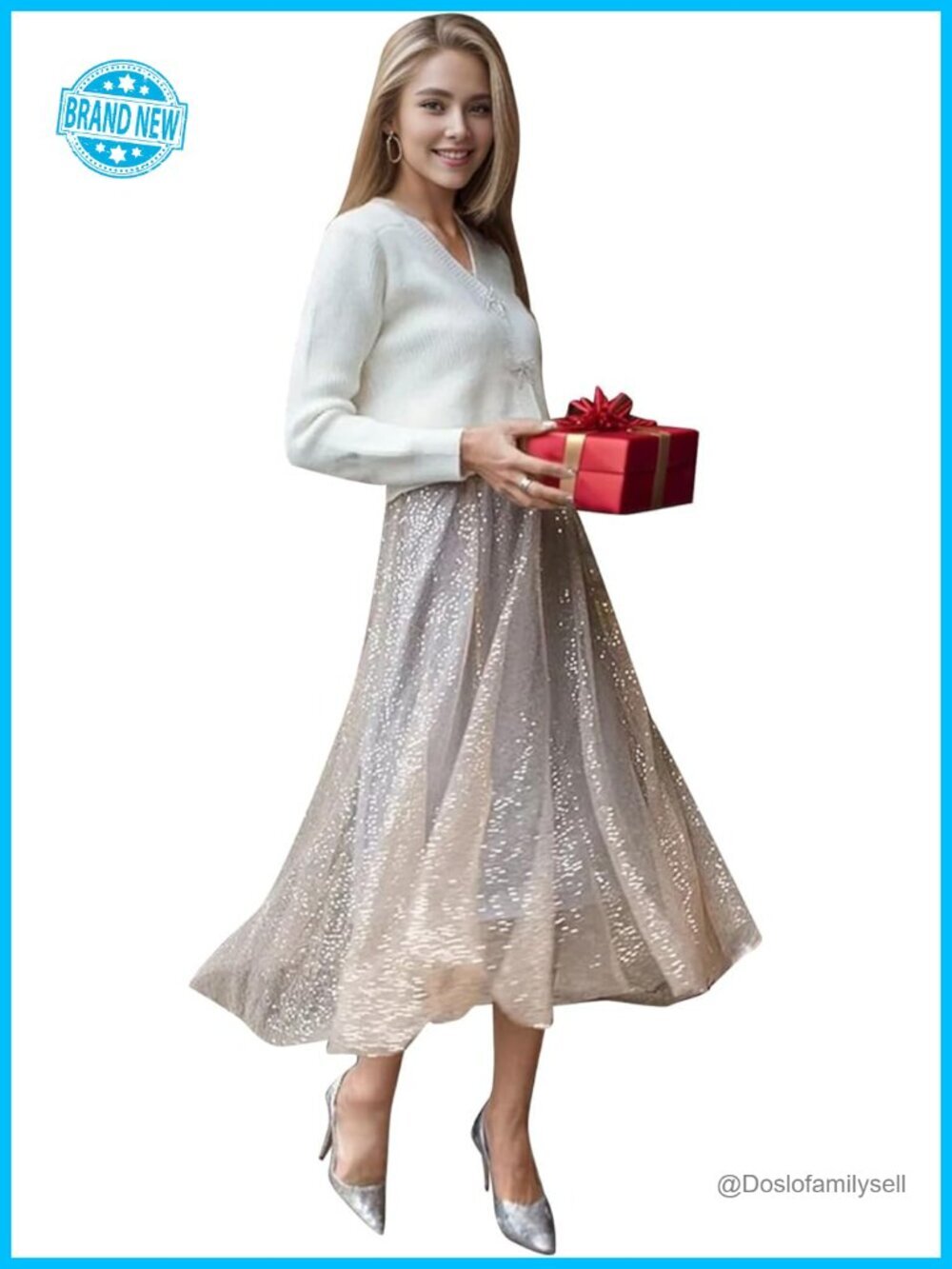 Tulle Mesh Sequin Pleated Midi Skirt - Elastic Waist Layered Fairy Tutu Skirt